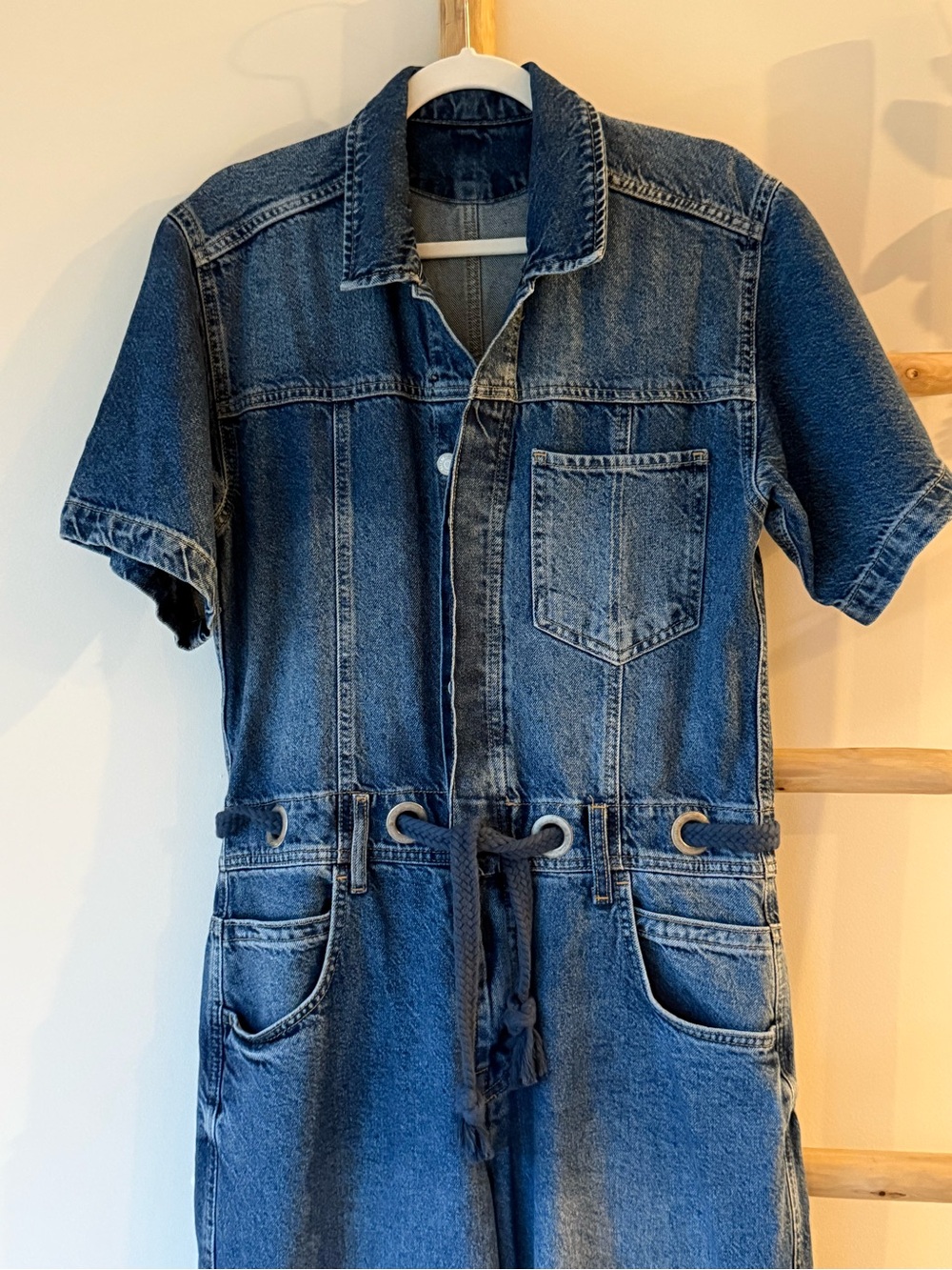 Free People We The Free Edison Wide Leg Coverall Boho Cape Blue Jumpsuit M NWOT - Picture 6 of 13